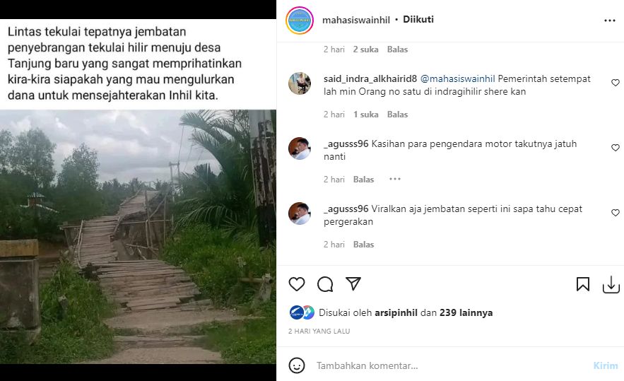 Jembatan Penyeberangan di Kecamatan Tanah Merah Reyot, Netizen: Sejak Saya SD hingga Kini Sudah Kuliah Kondisinya Masih Gini